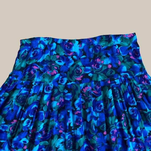 Vintage Blue and Green Pleated Floral Semi Circle Midi Skirt - Picture 2 of 6